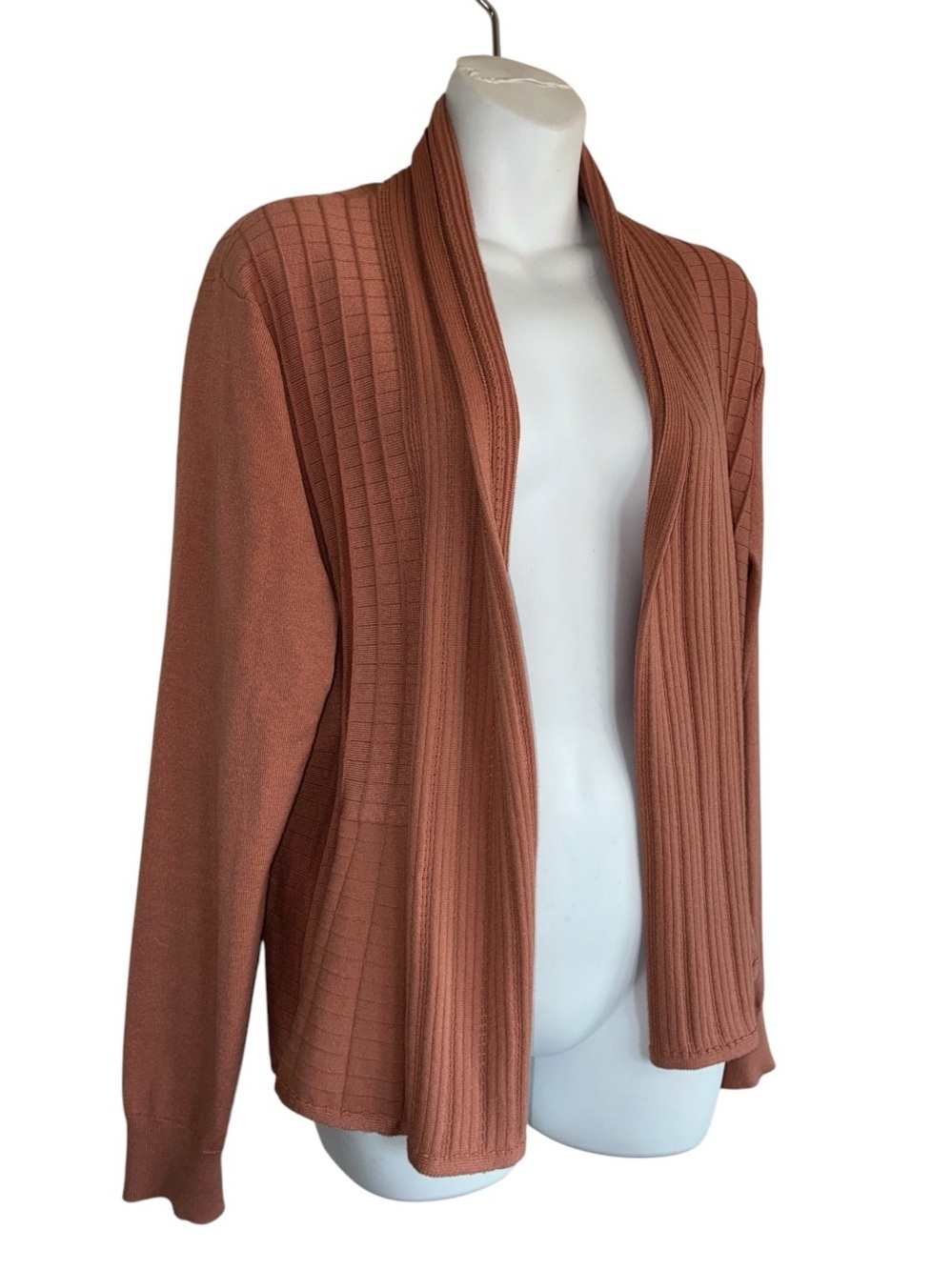 Chloe & Jasmine Cardigan Sweater, Women L, Salmon Open Front, Textured Knit EUC